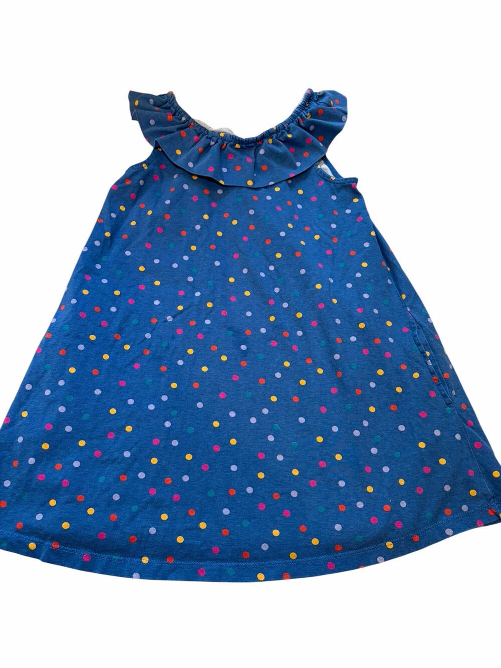 Hanna Andersson Girls Size 6-7 Blue Polka Dot Ruffle Neck Cotton Dress Pockets